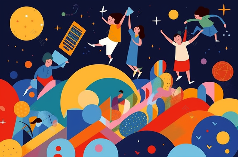 太空儿童节彩色人群狂欢升空欢乐多彩几何插画,插画/手绘图,插画/手绘图库,插画/手绘图下载,插画/手绘